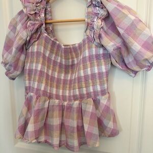 Boutique balloon sleeve purple plaid fitted bodice. women’s small. Size 2-4.NWOT